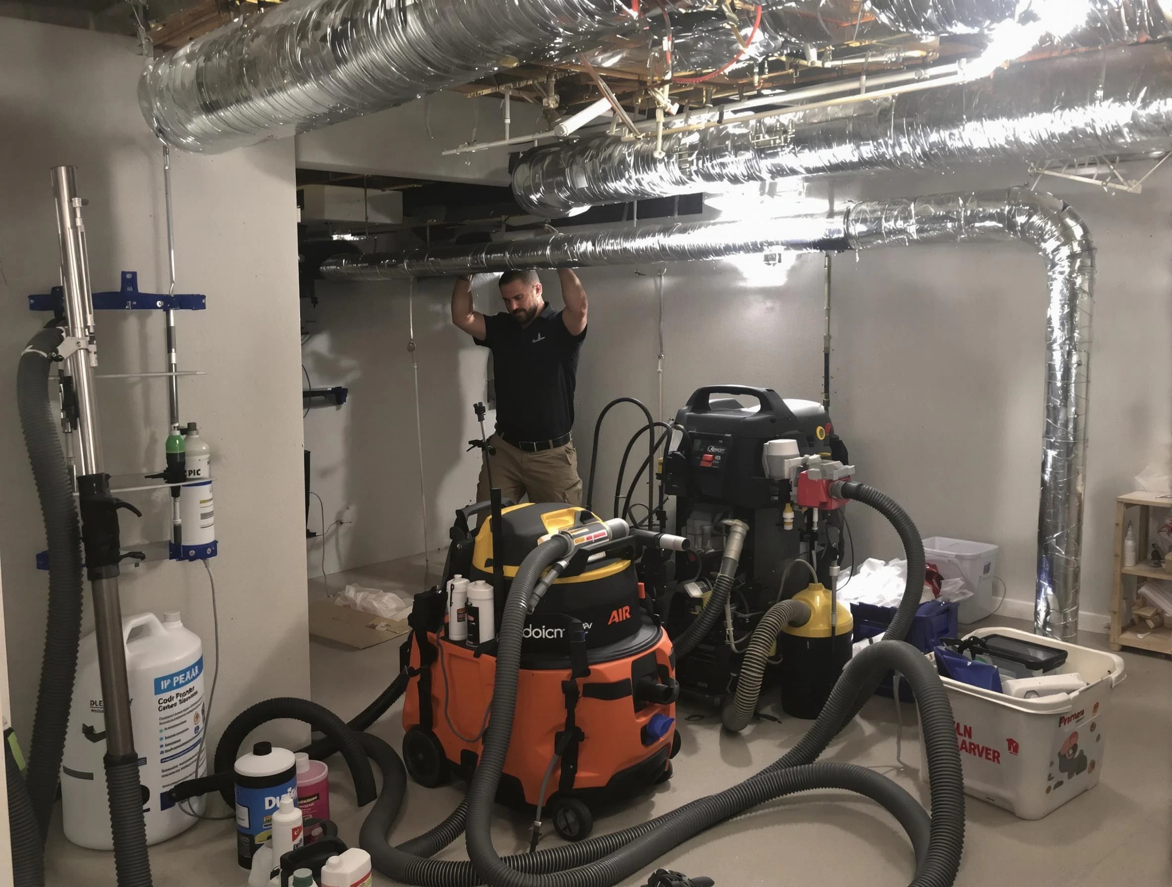 Enon Air Duct Cleaning specialist performing professional mold removal from air ducts using safety equipment in Enon