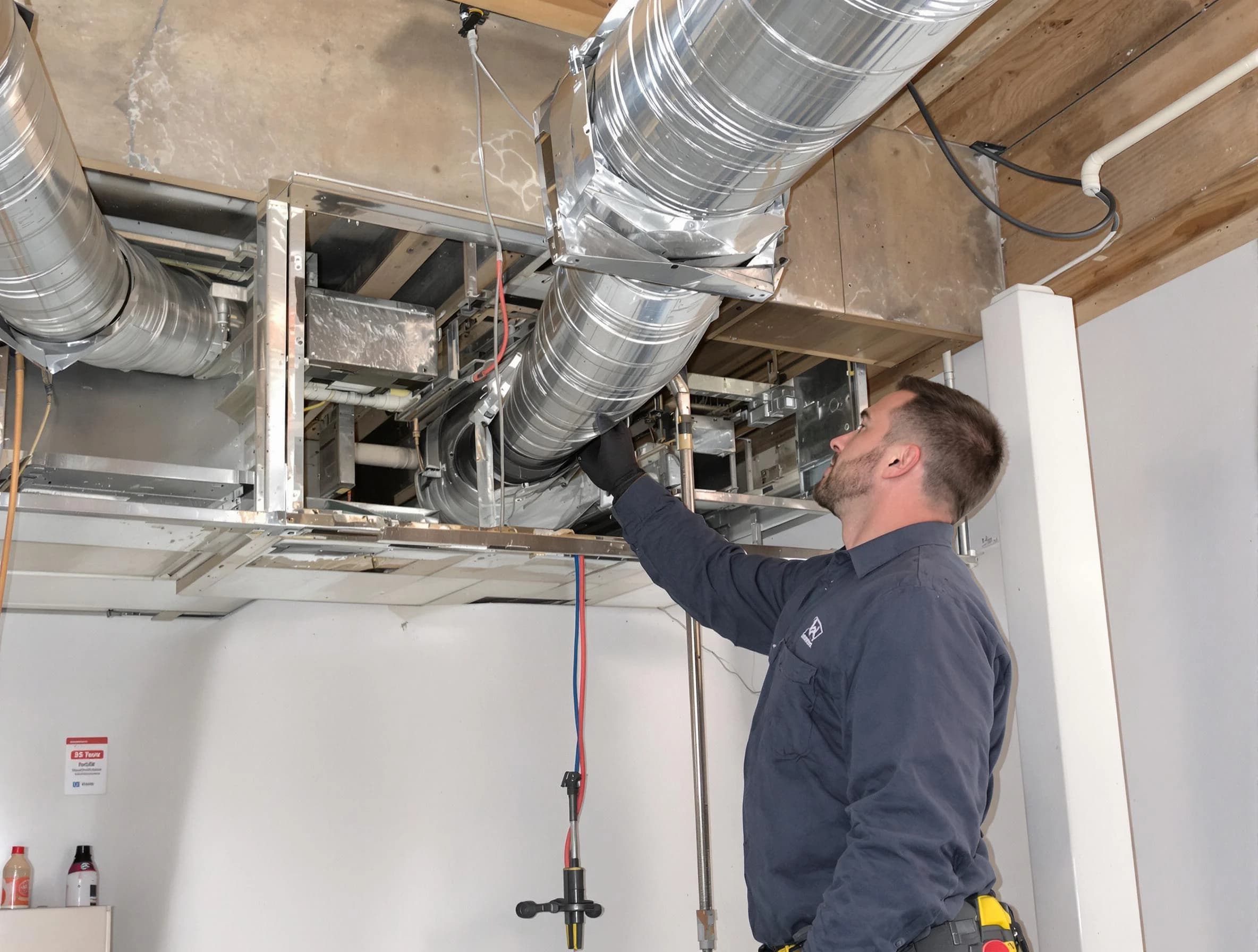 Enon Air Duct Cleaning technician performing professional air duct repair using specialized tools in Enon