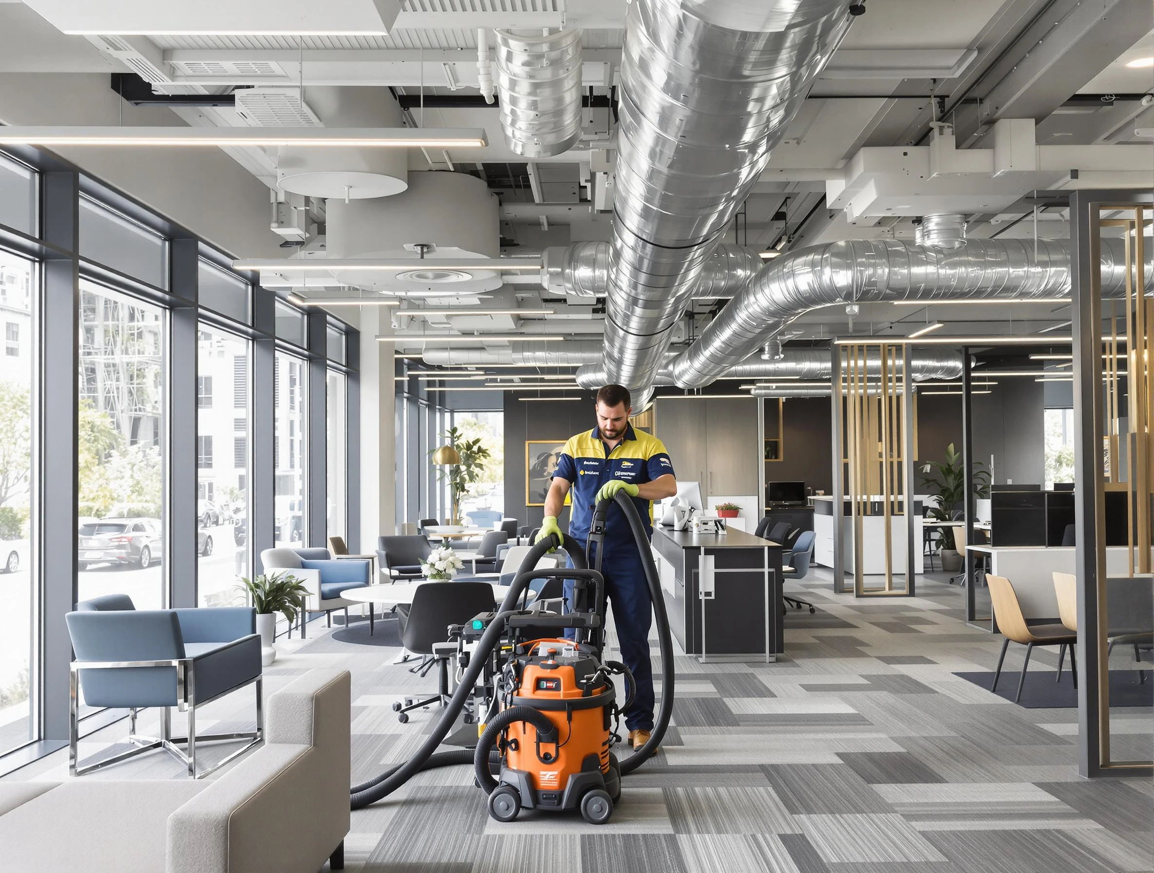 Enon Air Duct Cleaning team performing thorough commercial duct cleaning at a Enon business center